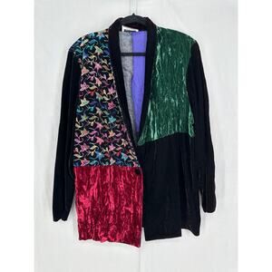 Vintage Jacket Womens Medium Velvet Colorful Patchwork Button Art To Wear Unique